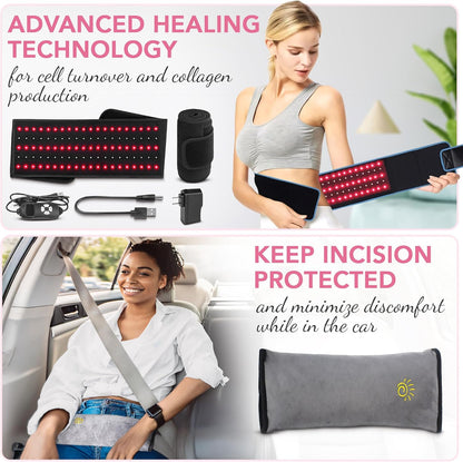 Ultimate Tummy Tuck Recovery Kit with Scar Care Red Light Therapy Wrap - Premium Post-Op Supplies and Must Have Essentials for Mommy Makeover | Abdominoplasty
