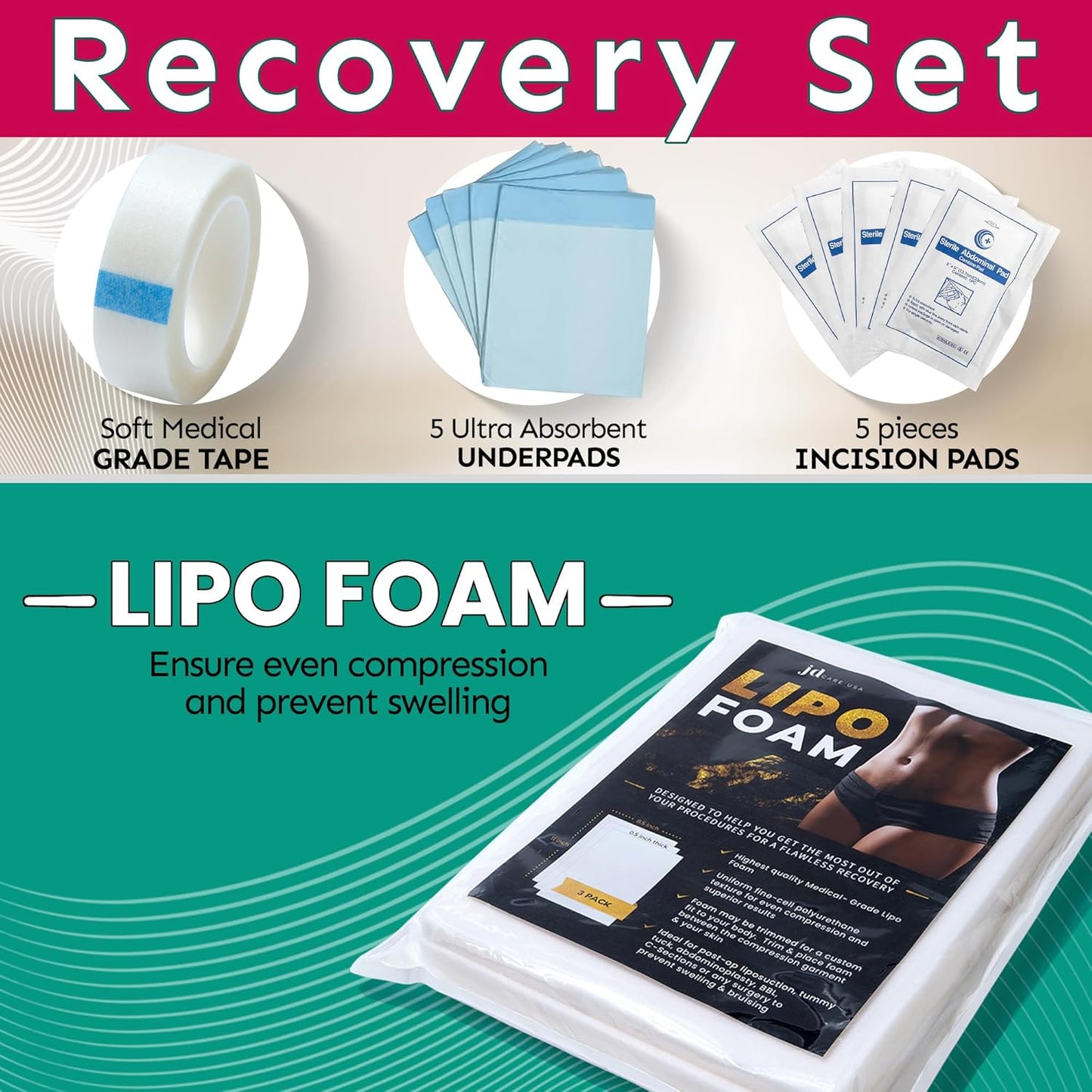 BBL Plus with Back Support Pillow - Post Surgery Supplies Kit (36 Piece Set) – After Surgery BBL Recovery Set, Lipo Foam, ABD Pads, Scar Gel & More