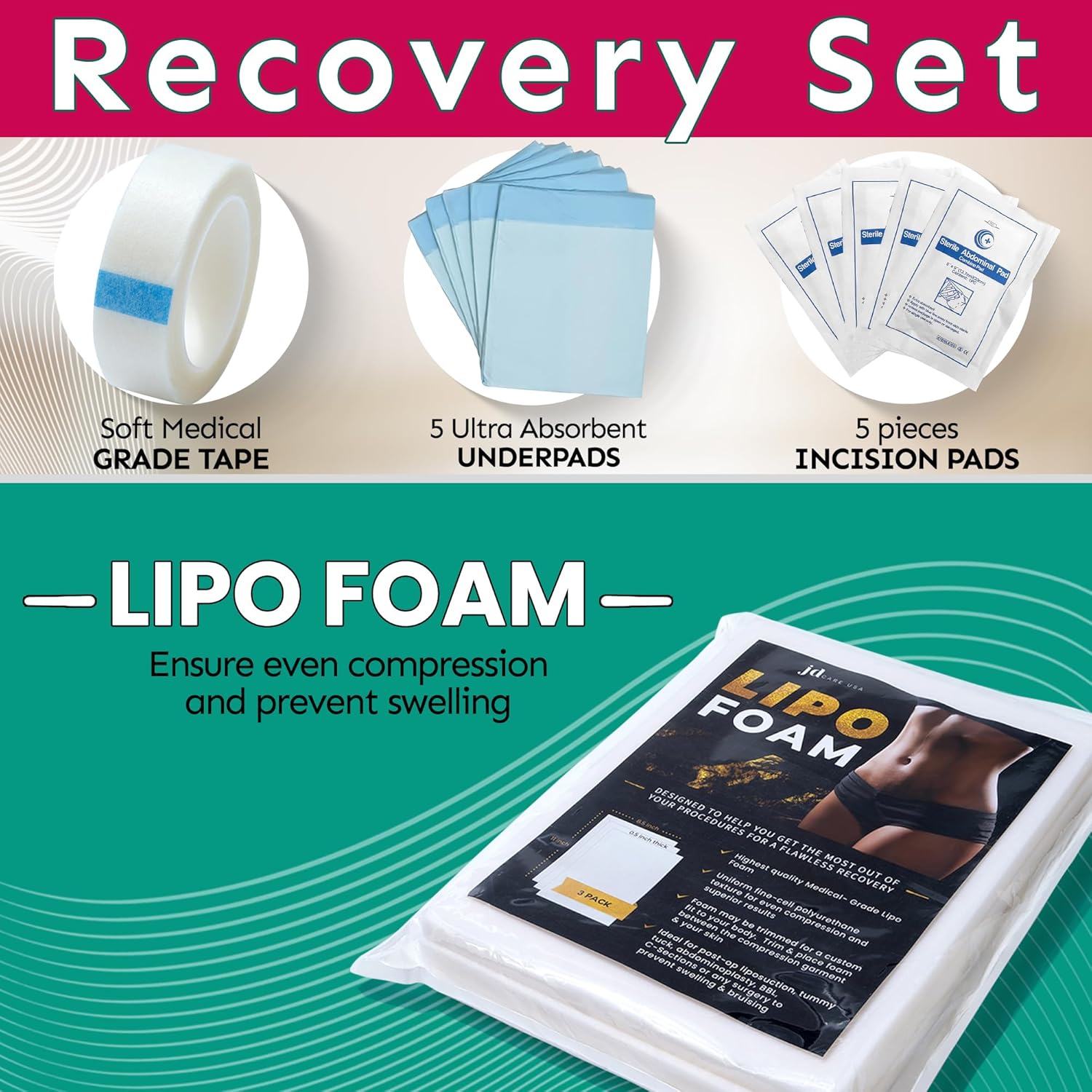 BBL Plus with Back Support Pillow - Post Surgery Supplies Kit (36 Piece Set) – After Surgery BBL Recovery Set, Lipo Foam, ABD Pads, Scar Gel & More